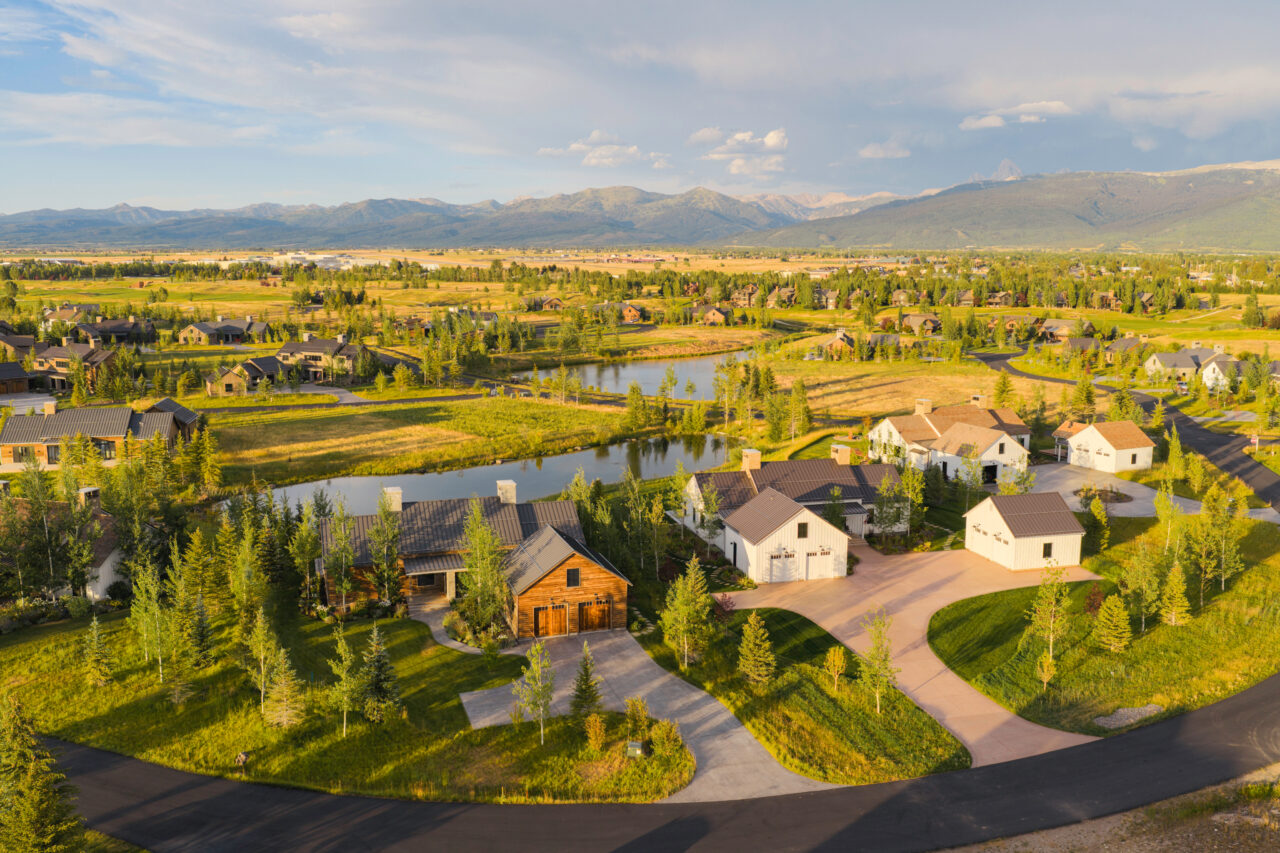 An aerial view across the Tributary community in Teton Valley