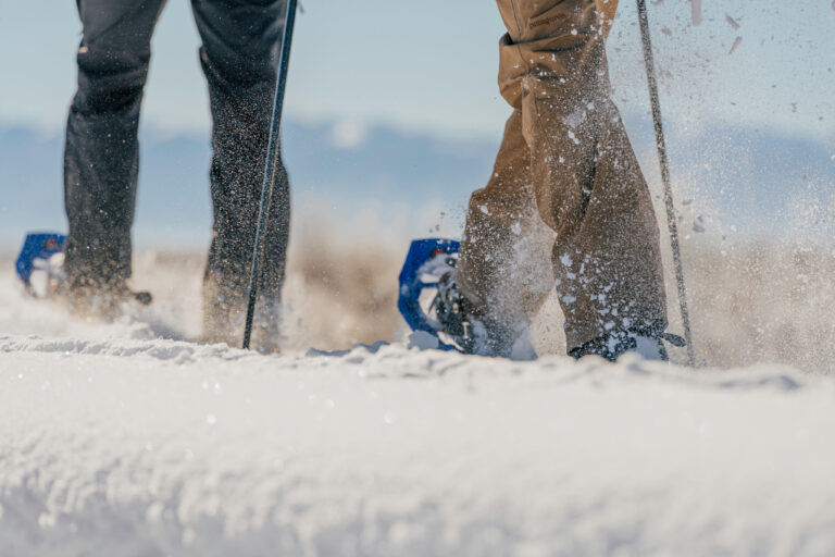 Members snowshoeing through fresh snow near Tributary