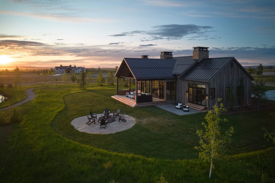 Tributary Real Estate-Teewinot Cabin-Exterior at sunset in Teton Valley